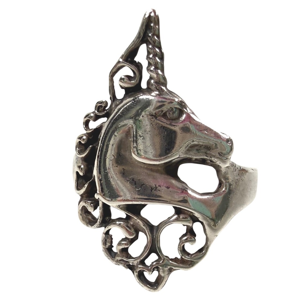 Vintage 925 Sterling Silver UNICORN Filigree Statement Ring Size 9 90s Fantasy
